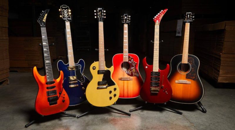 JoyRx Music & Gibson Guitar Giveaway (L-R): Kramer SM1 Orange, Epiphone Sheraton II Pro Midnight, Gibson LP Special TV Yellow, Gibson Hummingbird Faded Cherry, Kramer Jersey Star Red, and the Epiphone Masterbilt J-45 Acoustic. Photo: Gibson Press Release